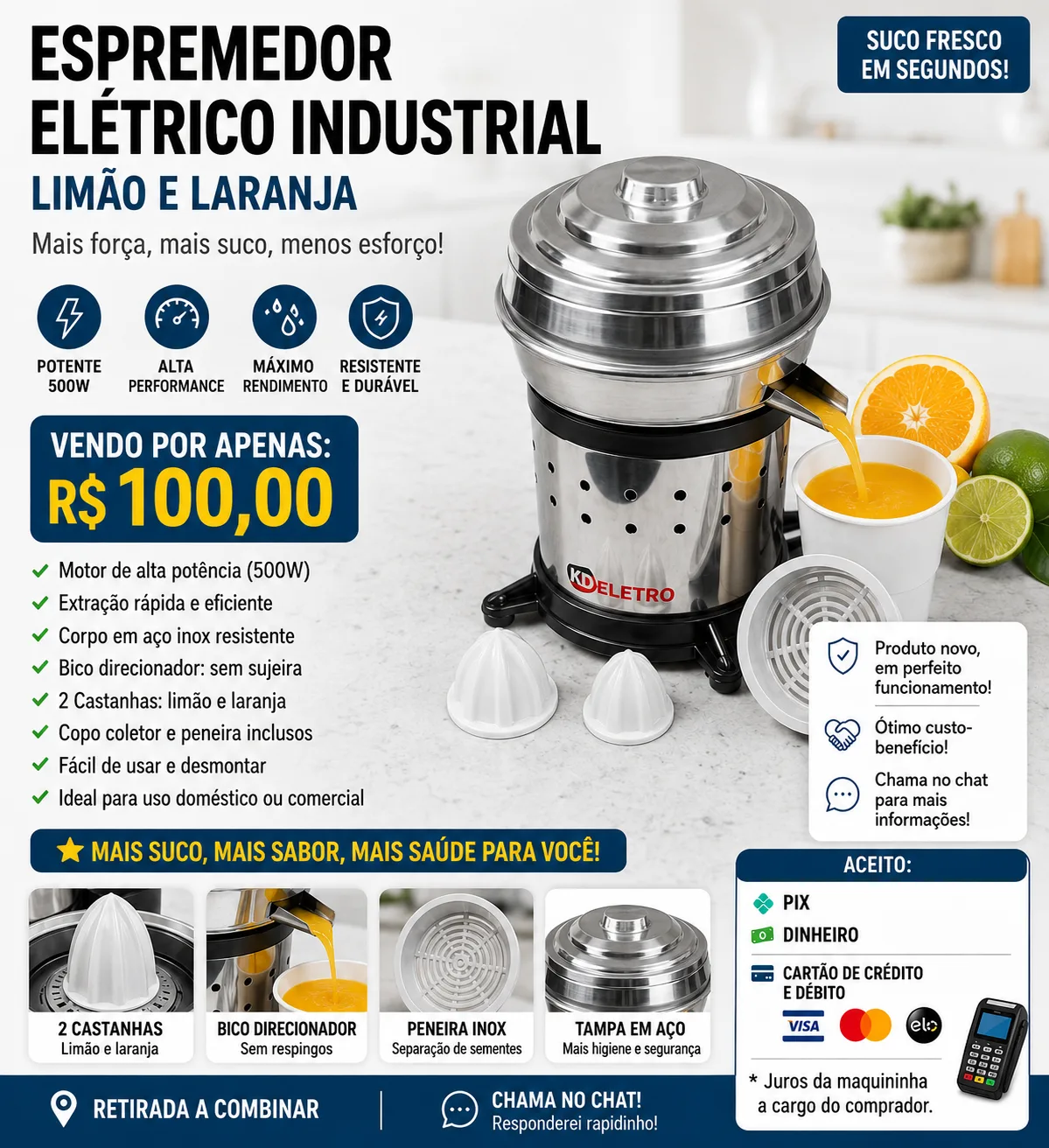🍊 Espremedor Elétrico Industrial 500W – Limão e Laranja 🍊